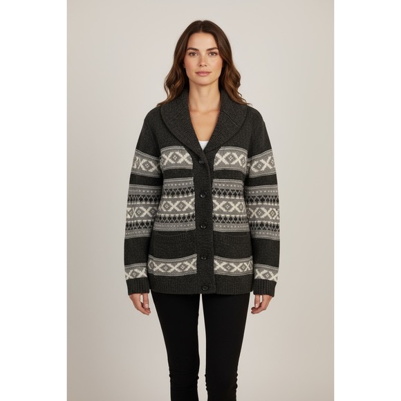 SANSARA Sweaters - SANSARA Fair Isle Cardigan Medium Collar Button Front Grey & Ivory